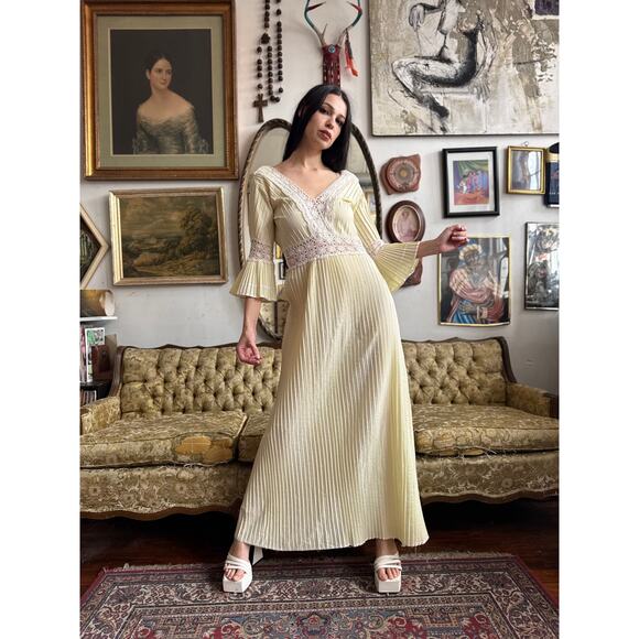 70s Vintage Pastel Bell Sleeve Pleated Crochet Maxi Dress with Lace Up Back - Picture 1 of 6